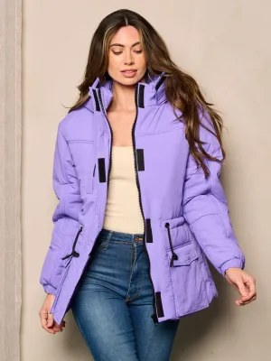 WOMEN'S LONG SLEEVE ZIP UP POCKETS HOODED PUFFER JACKET