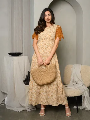 WOMEN'S SHORT LACE SLEEVE FLORAL MAXI DRESS