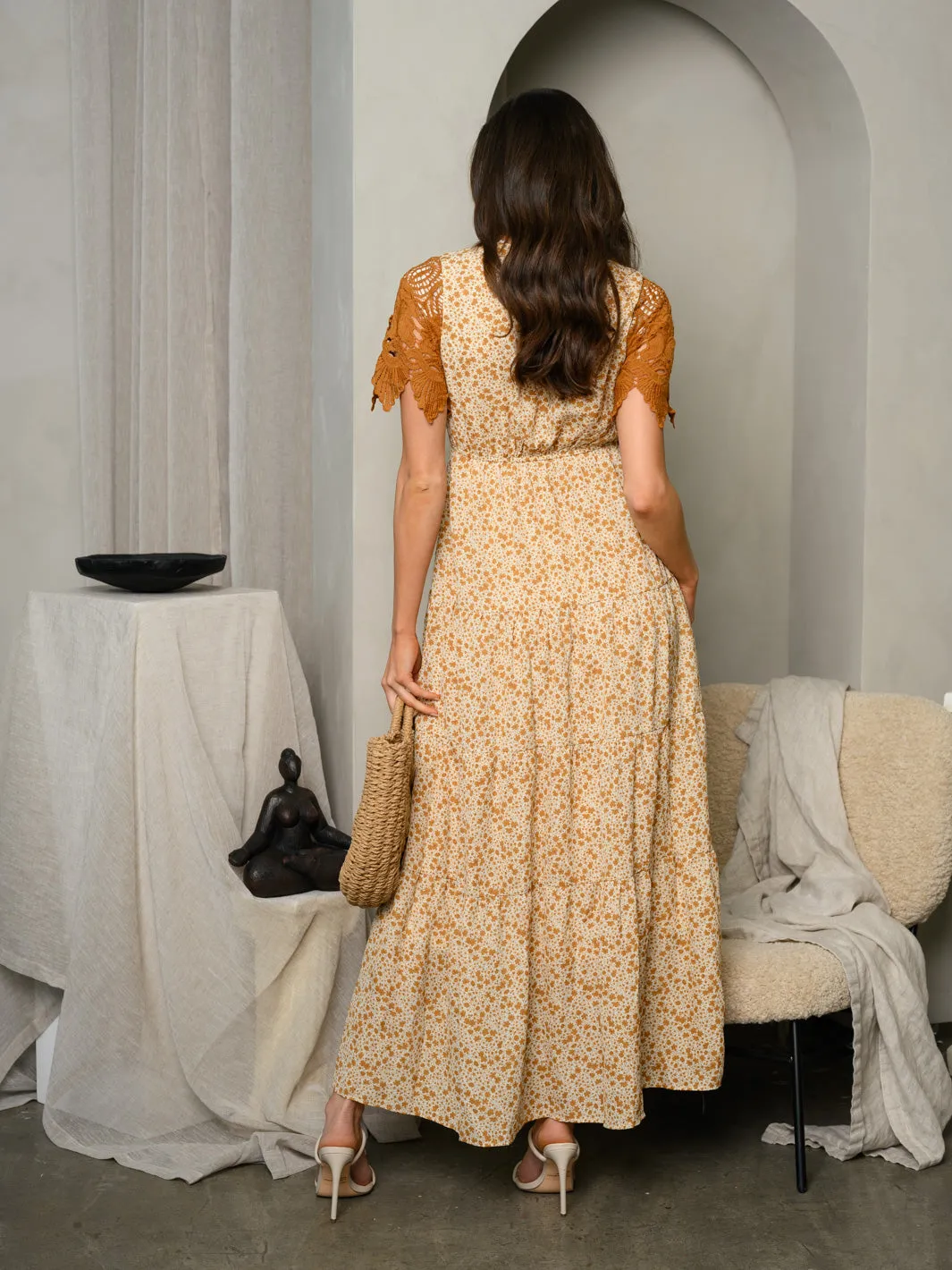 WOMEN'S SHORT LACE SLEEVE FLORAL MAXI DRESS