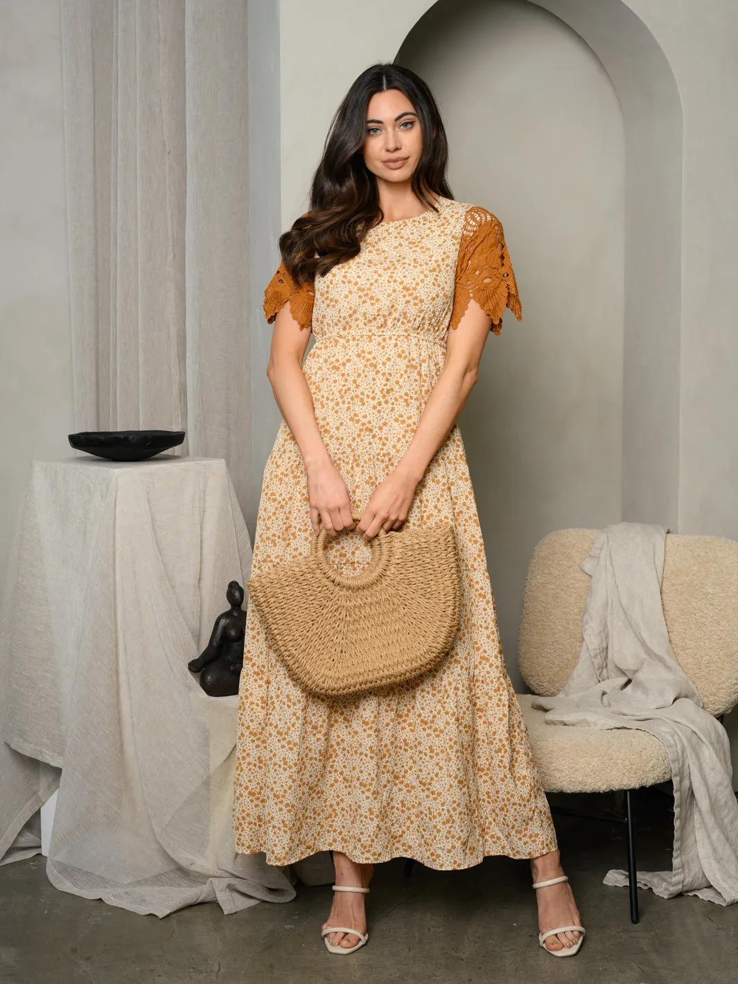 WOMEN'S SHORT LACE SLEEVE FLORAL MAXI DRESS
