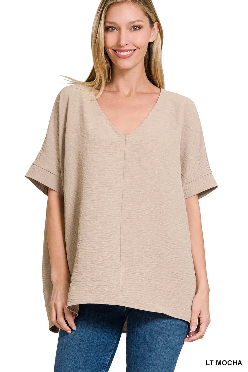 WOVEN AIRFLOW V-NECK DOLMAN SHORT SLEEVE TOP