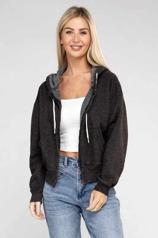 ZENANA Acid Wash Fleece Cropped Zip-Up Hoodie