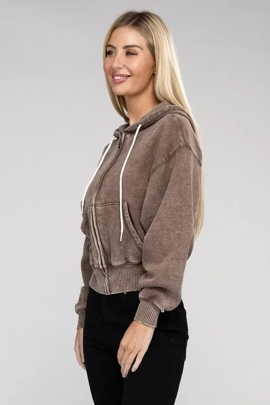 ZENANA Acid Wash Fleece Cropped Zip-Up Hoodie