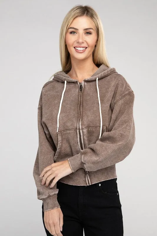 ZENANA Acid Wash Fleece Cropped Zip-Up Hoodie