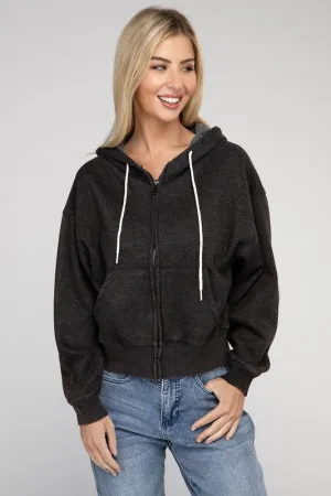 ZENANA Acid Wash Fleece Cropped Zip-Up Hoodie