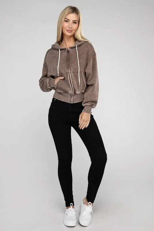 ZENANA Acid Wash Fleece Cropped Zip-Up Hoodie