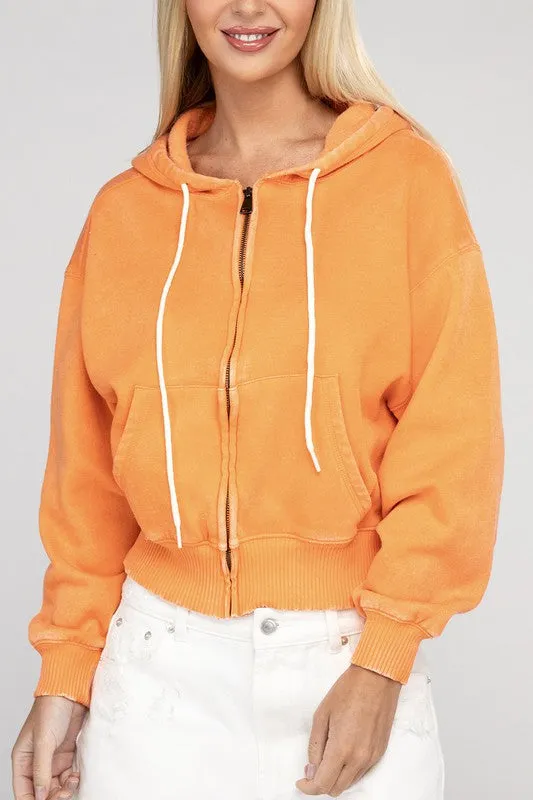 ZENANA Acid Wash Fleece Cropped Zip-Up Hoodie