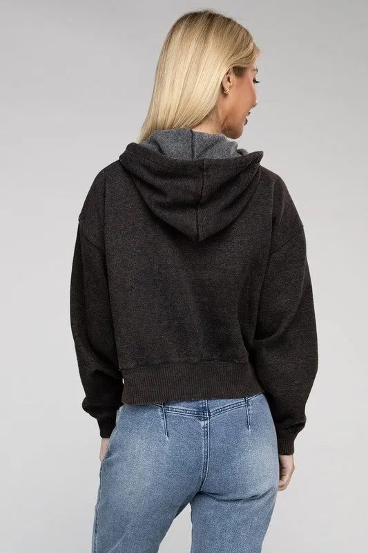 ZENANA Acid Wash Fleece Cropped Zip-Up Hoodie