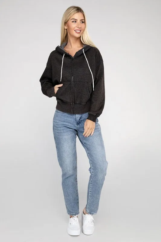 ZENANA Acid Wash Fleece Cropped Zip-Up Hoodie