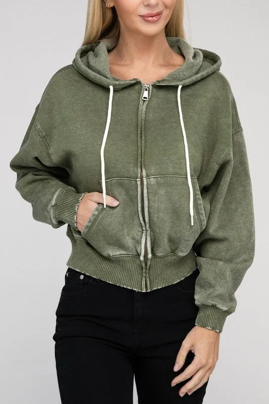 ZENANA Acid Wash Fleece Cropped Zip-Up Hoodie