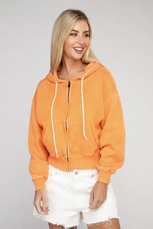 ZENANA Acid Wash Fleece Cropped Zip-Up Hoodie
