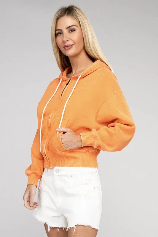 ZENANA Acid Wash Fleece Cropped Zip-Up Hoodie