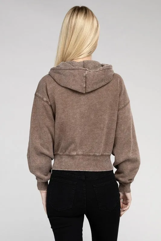 ZENANA Acid Wash Fleece Cropped Zip-Up Hoodie