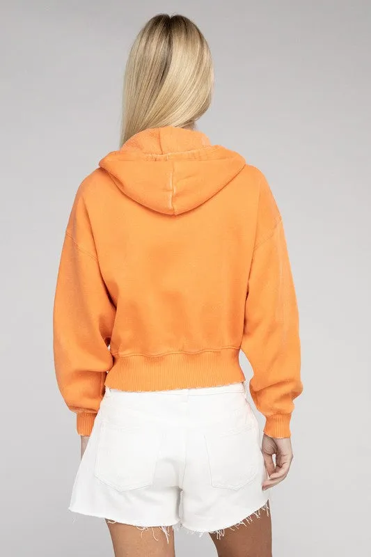 ZENANA Acid Wash Fleece Cropped Zip-Up Hoodie
