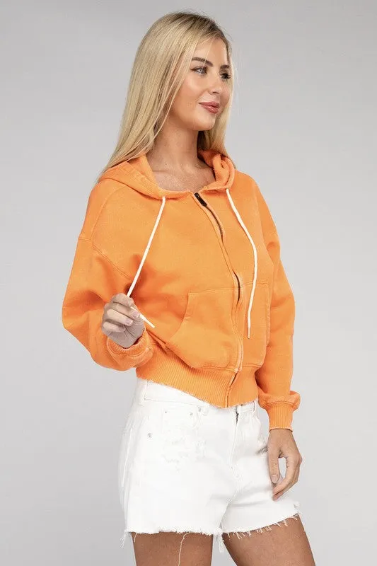 ZENANA Acid Wash Fleece Cropped Zip-Up Hoodie