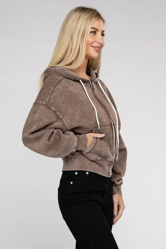 ZENANA Acid Wash Fleece Cropped Zip-Up Hoodie