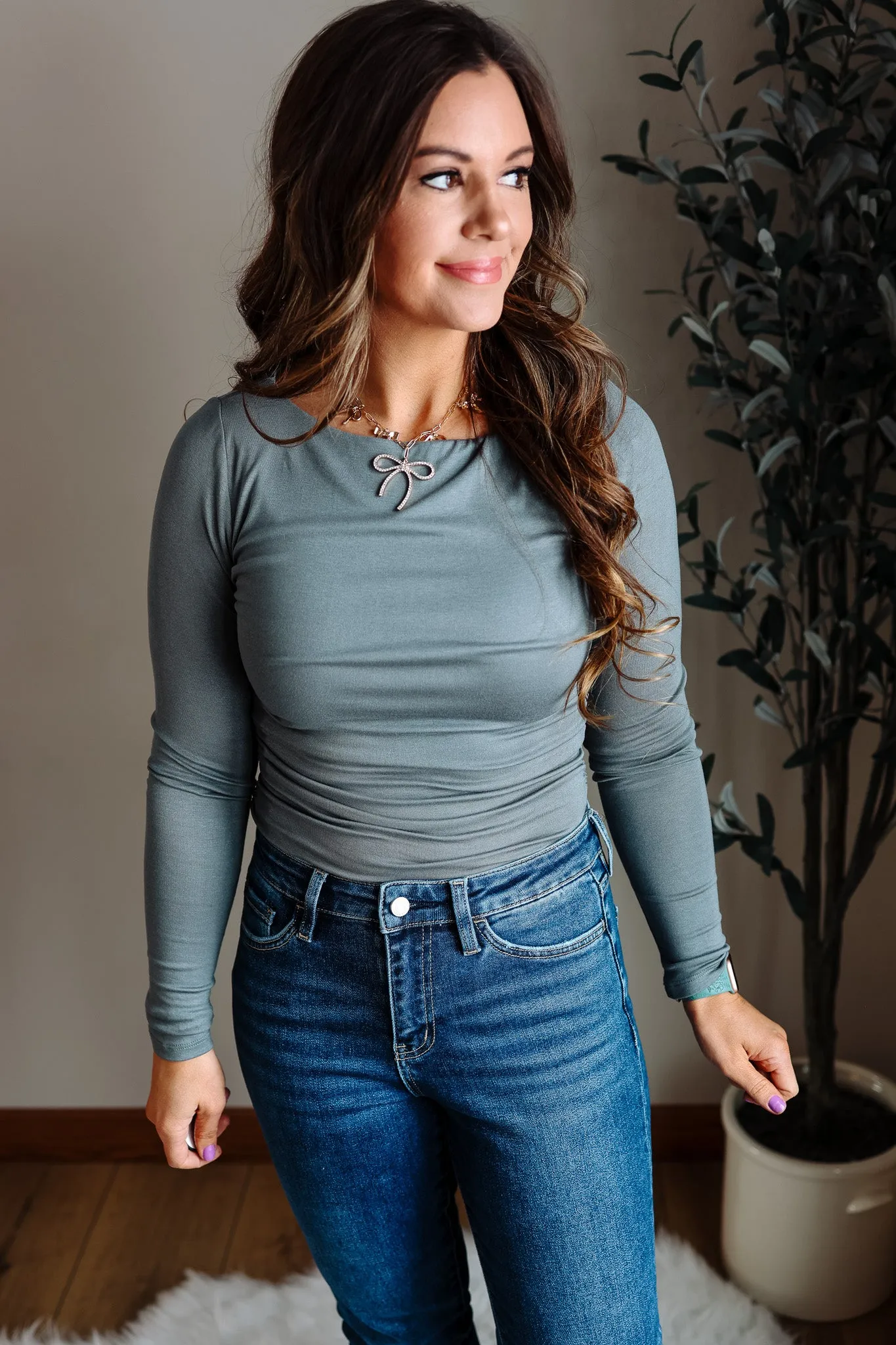 Zuri Boatneck Ruched Waist Bodysuit - Spruce Green